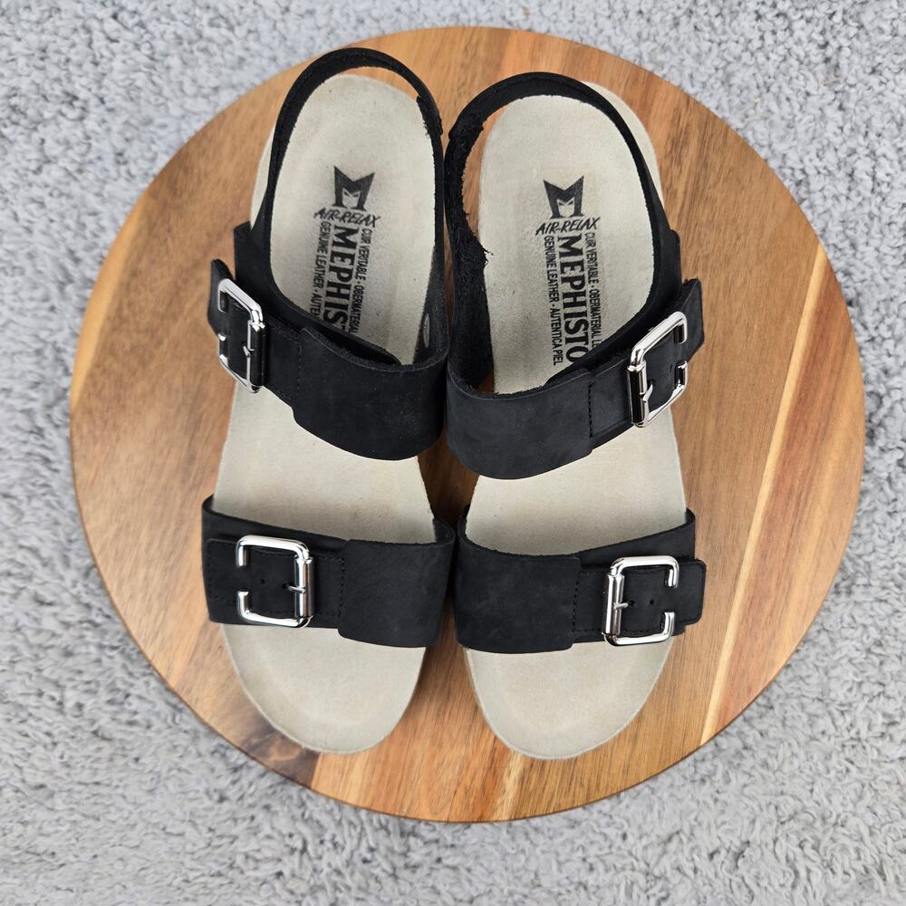 Mephisto Womens 39 Lissandra Black Leather Double Ankle Strap Daily Wedge Sandal - Picture 7 of 15